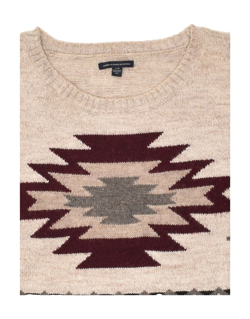 AMERICAN EAGLE Mens Crew Neck Jumper Sweater Large Beige Fair Isle Acrylic | Vintage American Eagle | Thrift | Second-Hand American Eagle | Used Clothing | Messina Hembry 