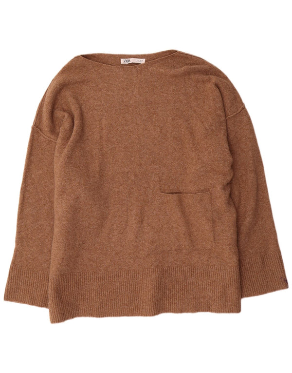 Zara Womens Oversized Boat Neck Jumper Sweater UK 16 Large Beige Acrylic