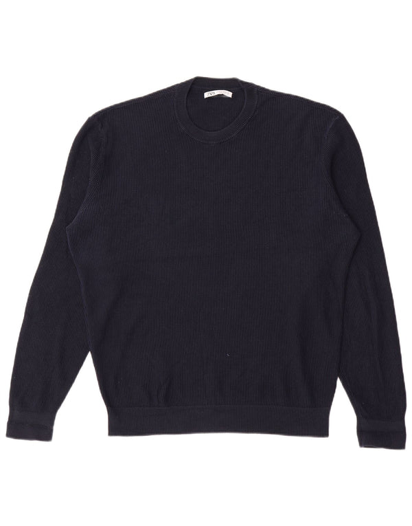 Zara Mens Crew Neck Jumper Sweater Medium Navy Blue
