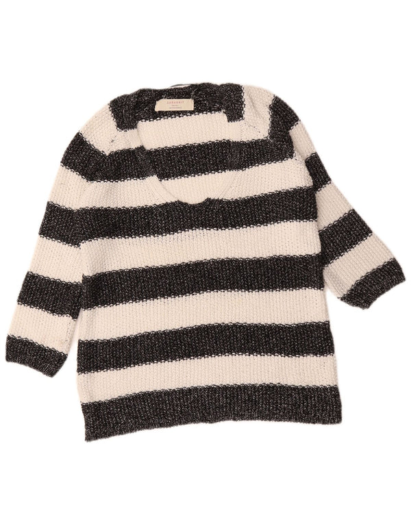 Zara Womens V-Neck Jumper Sweater UK 14 Medium Black Striped Acrylic