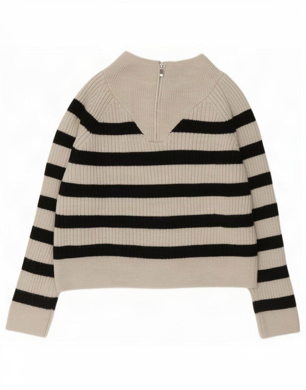 Zara Womens Zip Neck Jumper Sweater UK 14 Medium Off White Striped Acrylic