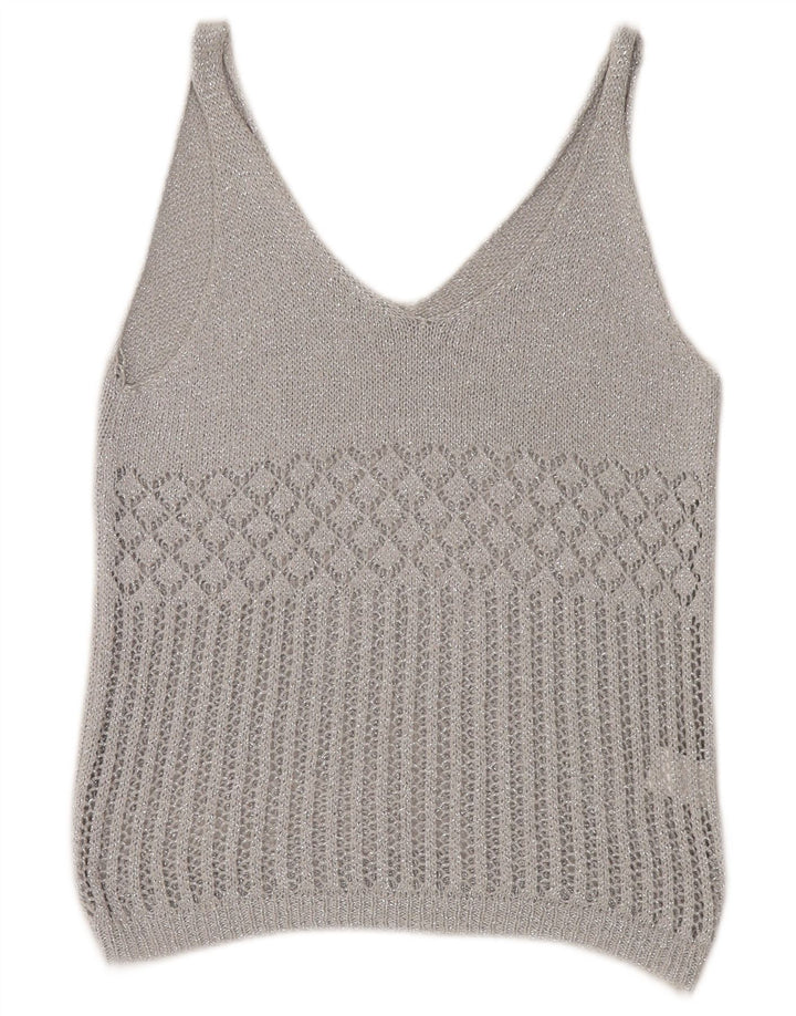 Vintage Womens Crochet Vest Tank Top UK 12 Medium Silver Acrylic