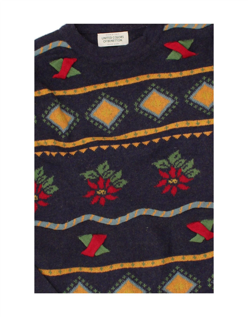 BENETTON Womens Crew Neck Jumper Sweater UK 14 Large Navy Blue Floral | Vintage Benetton | Thrift | Second-Hand Benetton | Used Clothing | Messina Hembry 