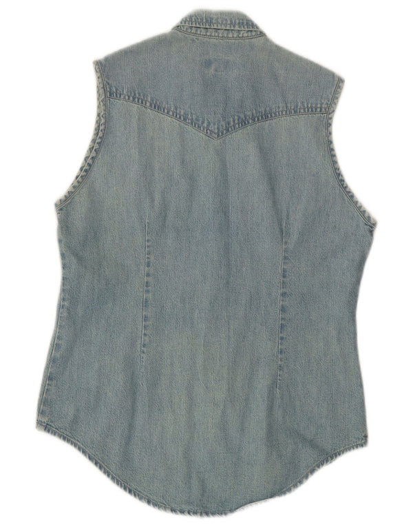 Vintage Womens Sleeveless Denim Shirt UK 14 Large Blue Cotton