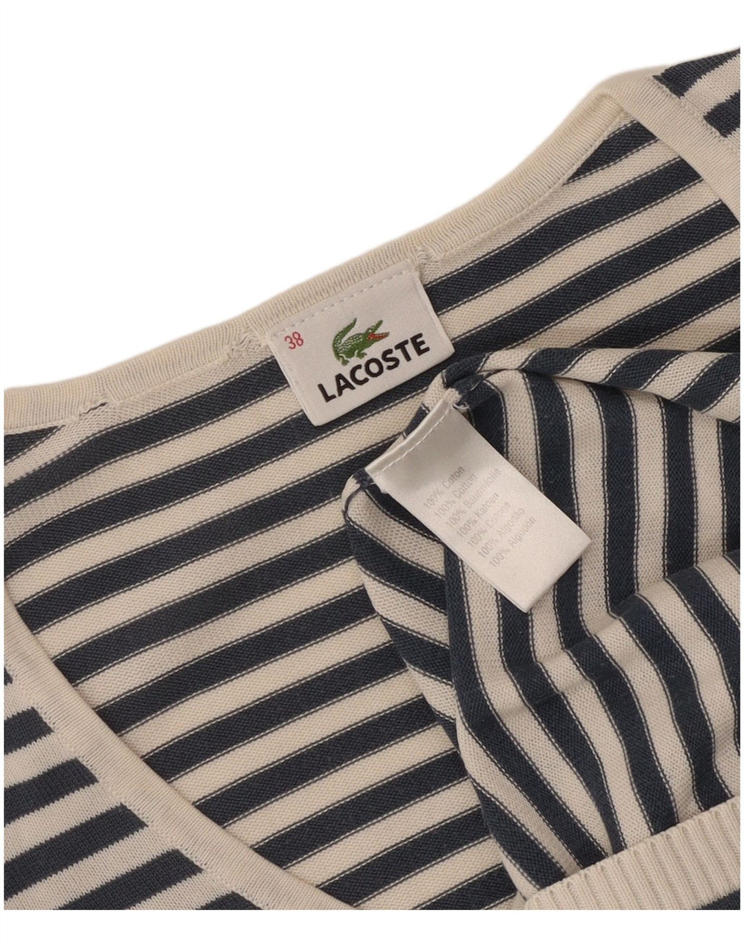 Lacoste Womens V-Neck Jumper Sweater Size 38 Medium Navy Blue Striped