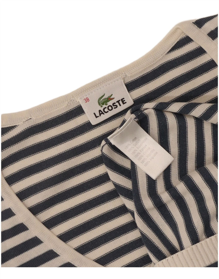 Lacoste Womens V-Neck Jumper Sweater Size 38 Medium Navy Blue Striped