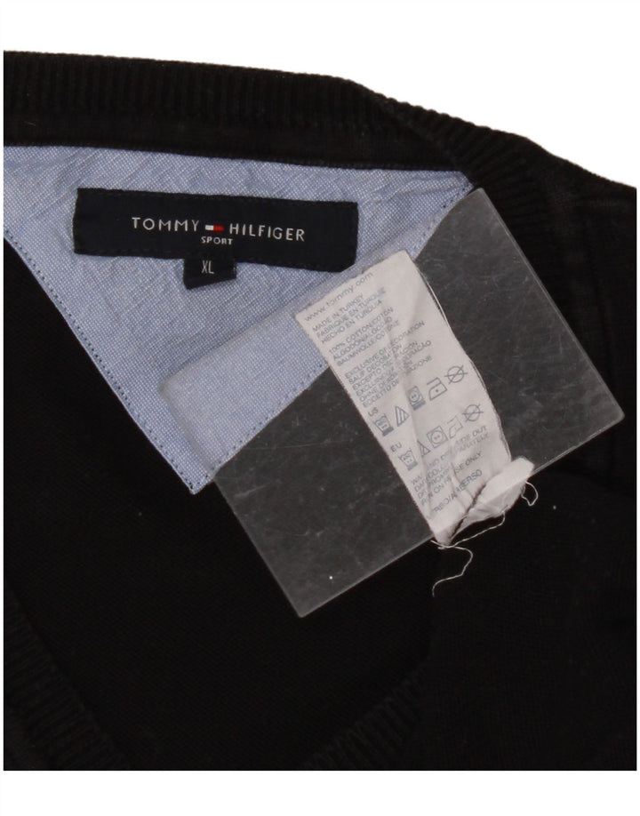 TOMMY HILFIGER Mens V-Neck Jumper Sweater XL Black Cotton