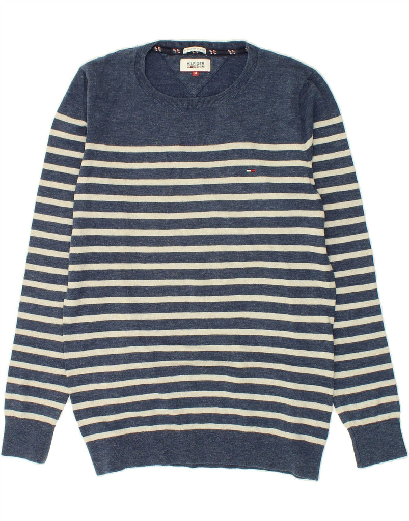 TOMMY HILFIGER Mens Crew Neck Jumper Sweater Medium Navy Blue Striped | Vintage Tommy Hilfiger | Thrift | Second-Hand Tommy Hilfiger | Used Clothing | Messina Hembry 