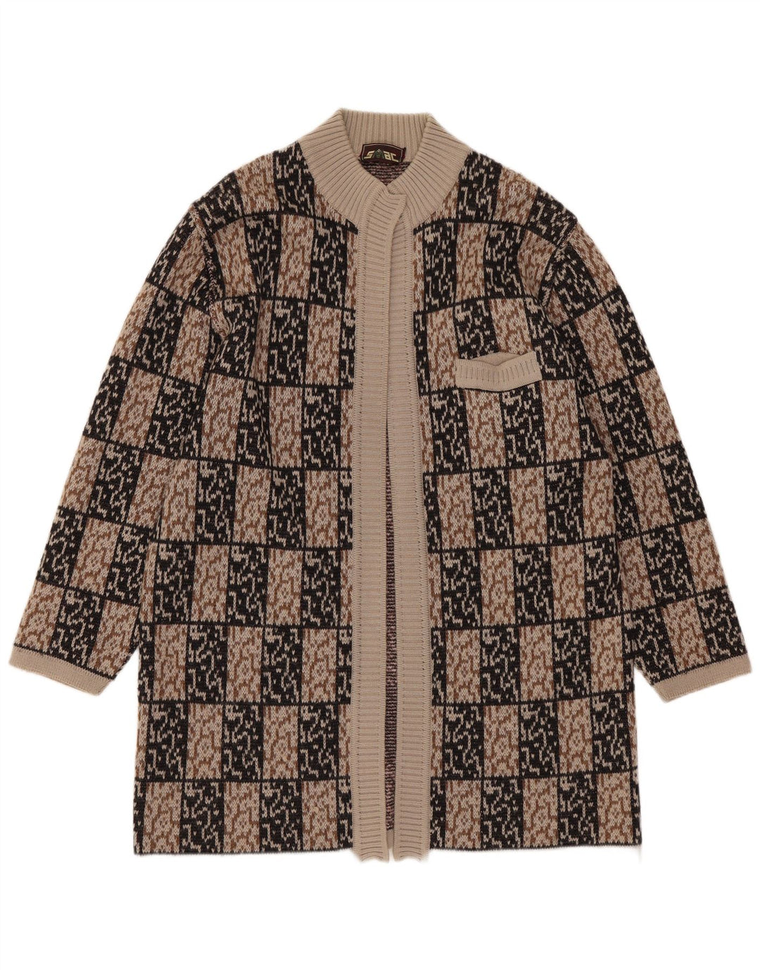 VINTAGE Womens Longline Open Cardigan Sweater IT 44 Medium Brown Geometric