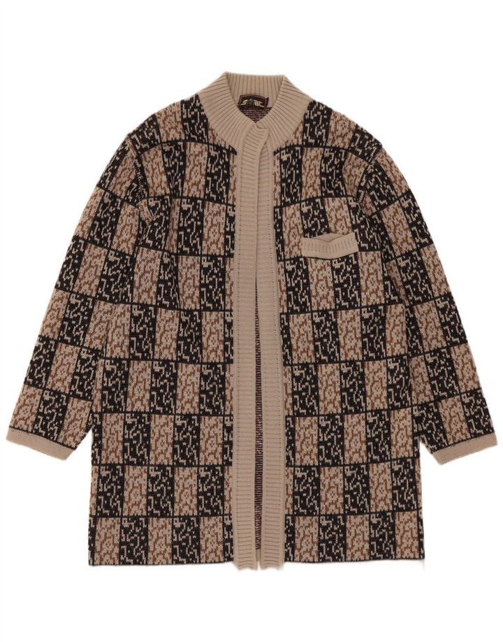 VINTAGE Womens Longline Open Cardigan Sweater IT 44 Medium Brown Geometric