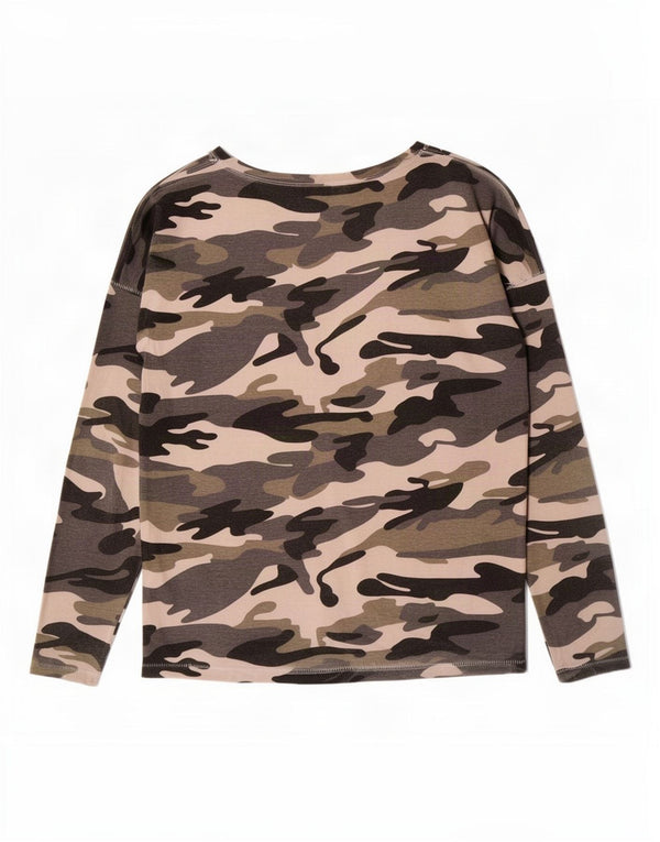 Benetton Womens Graphic Top Long Sleeve UK 20 2XL Khaki Camouflage Cotton