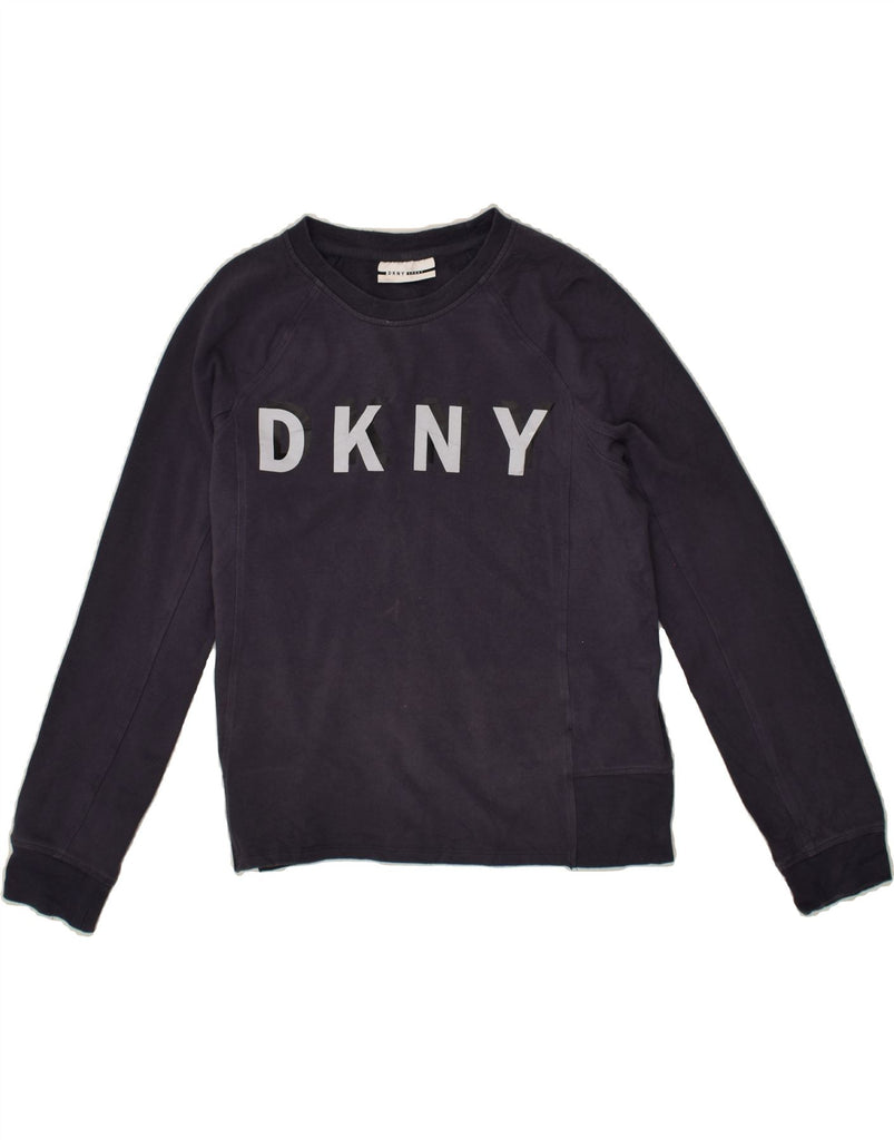 DKNY Womens Graphic Sweatshirt Jumper UK 14 Medium Navy Blue Polyester | Vintage Dkny | Thrift | Second-Hand Dkny | Used Clothing | Messina Hembry 