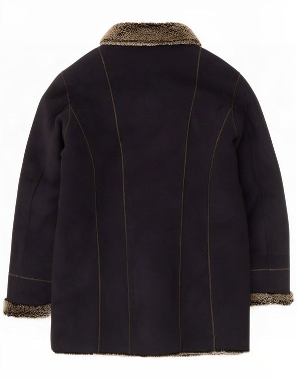 Gelco Womens Sherpa Overcoat UK 14 Large Navy Blue Striped Acrylic