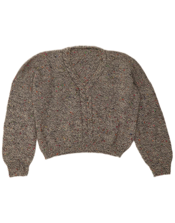 Vintage Womens Crop V-Neck Jumper Sweater UK 16 Large Grey Flecked