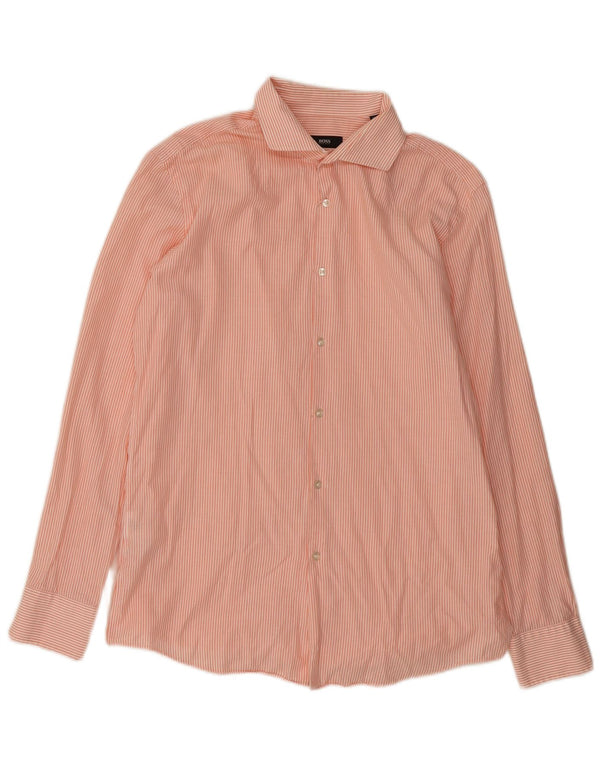 Hugo Boss Mens Slim Fit Shirt Size 42 16 1/2 Large Orange Pinstripe Cotton