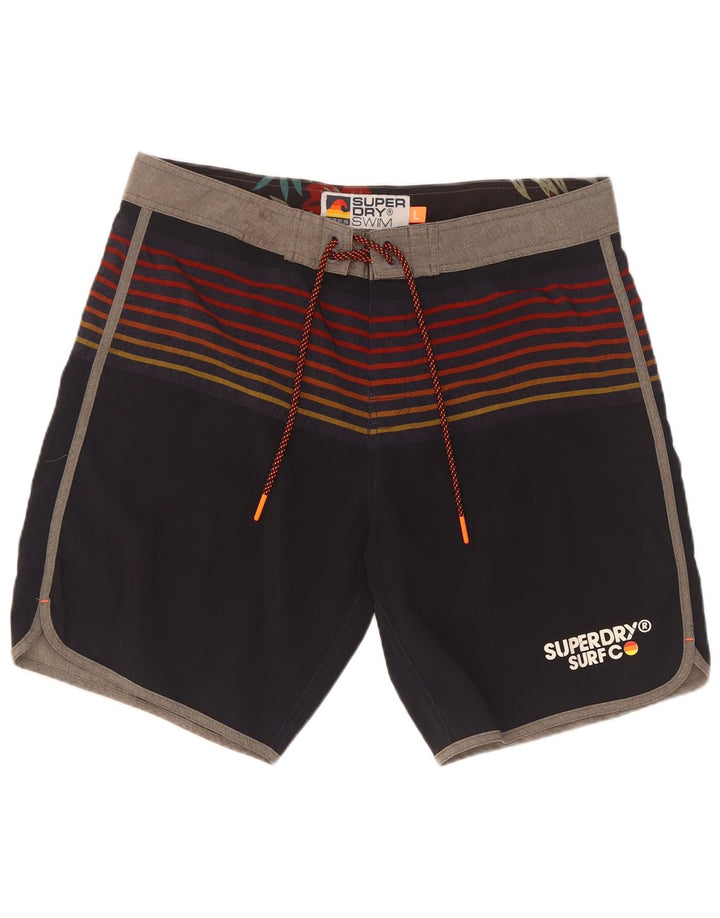 Superdry Mens Swimming Shorts Large Navy Blue Striped Polyester