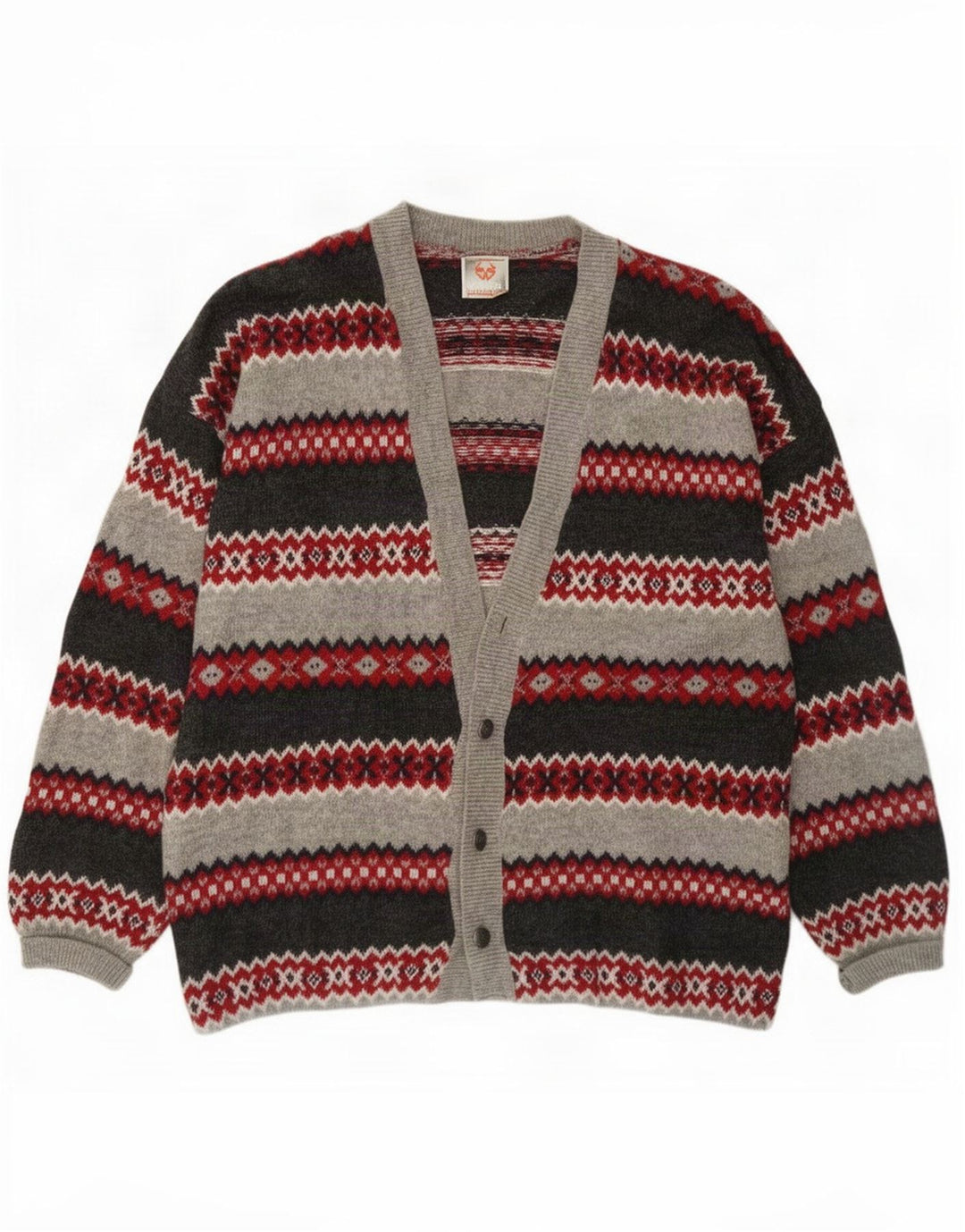 Stefanel Mens Cardigan Sweater Large Grey Fair Isle Wool