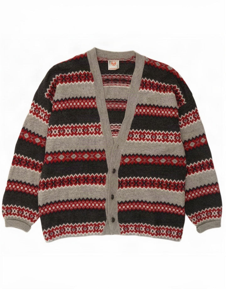 Stefanel Mens Cardigan Sweater Large Grey Fair Isle Wool
