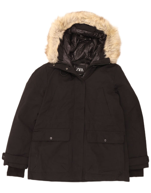 Zara Womens Hooded Padded Jacket UK 16 Large Black Polyester