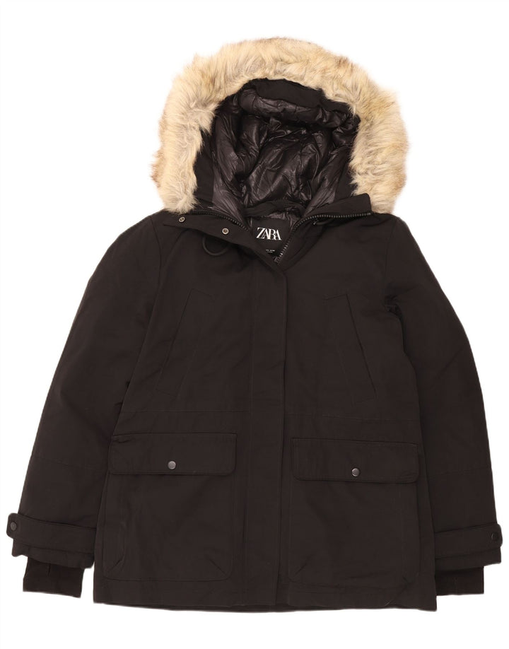 Zara Womens Hooded Padded Jacket UK 16 Large Black Polyester