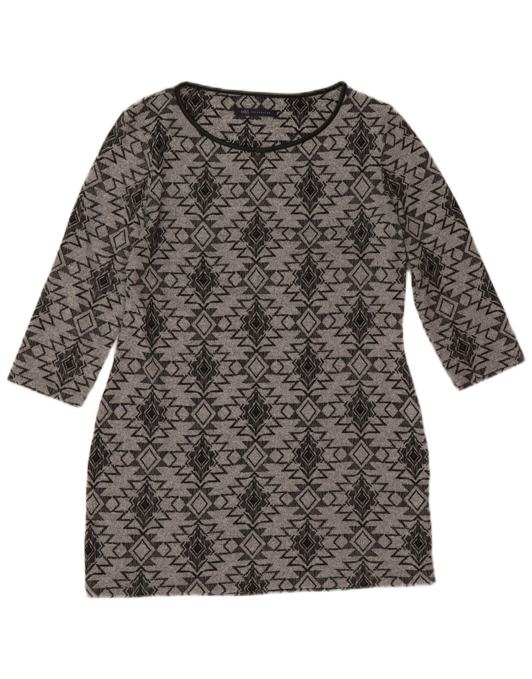 Marks & Spencer Womens 3/4 Sleeve Tunic Dress UK 12 Medium Grey Geometric