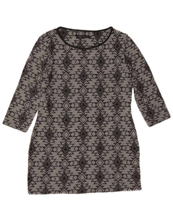 Marks & Spencer Womens 3/4 Sleeve Tunic Dress UK 12 Medium Grey Geometric