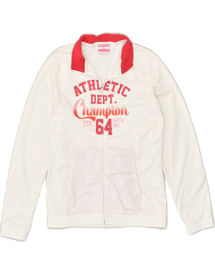 CHAMPION Girls Graphic Tracksuit Top Jacket 13-14 Years XL White Polyester | Vintage Champion | Thrift | Second-Hand Champion | Used Clothing | Messina Hembry 