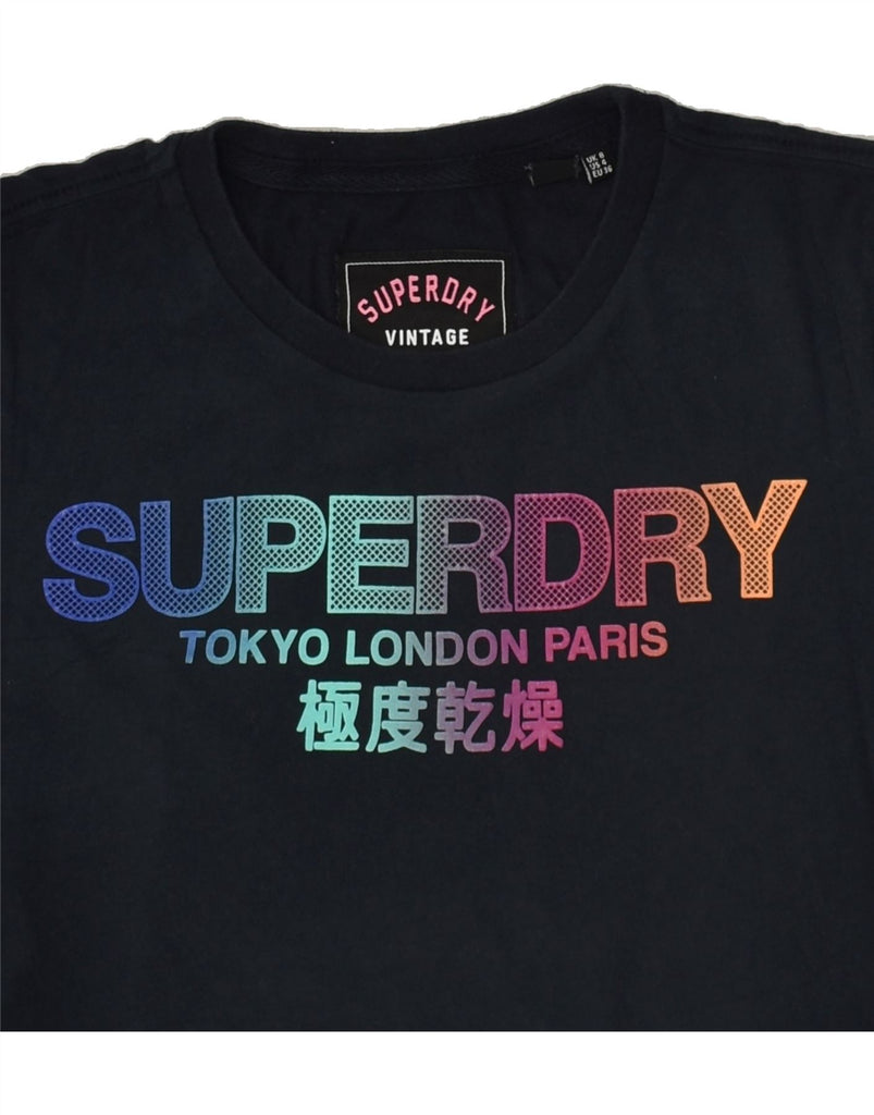 SUPERDRY Womens Graphic T-Shirt Top UK 8 Small Navy Blue Cotton | Vintage Superdry | Thrift | Second-Hand Superdry | Used Clothing | Messina Hembry 