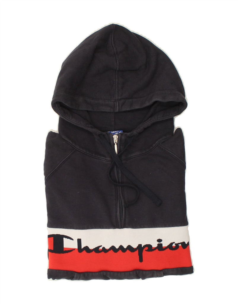 CHAMPION Womens Graphic Zip Neck Hoodie Jumper UK 10 Small Navy Blue | Vintage Champion | Thrift | Second-Hand Champion | Used Clothing | Messina Hembry 