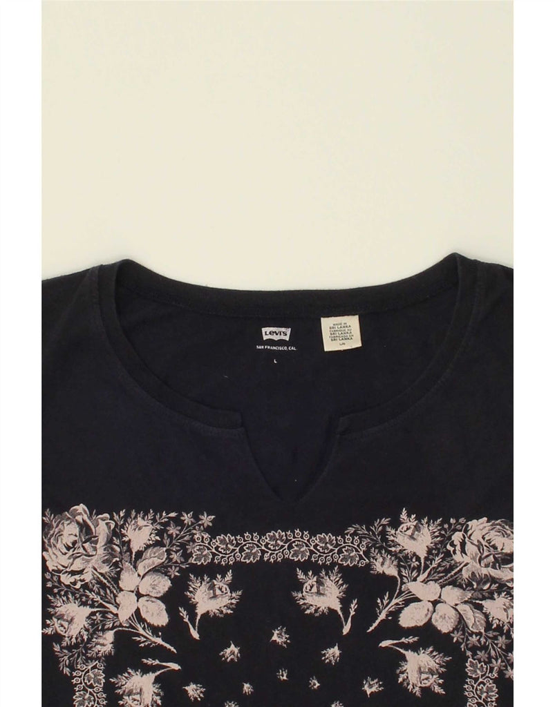 LEVI'S Womens Graphic T-Shirt Top UK 16 Large Navy Blue Floral Vintage Levi's and Second-Hand Levi's from Messina Hembry 