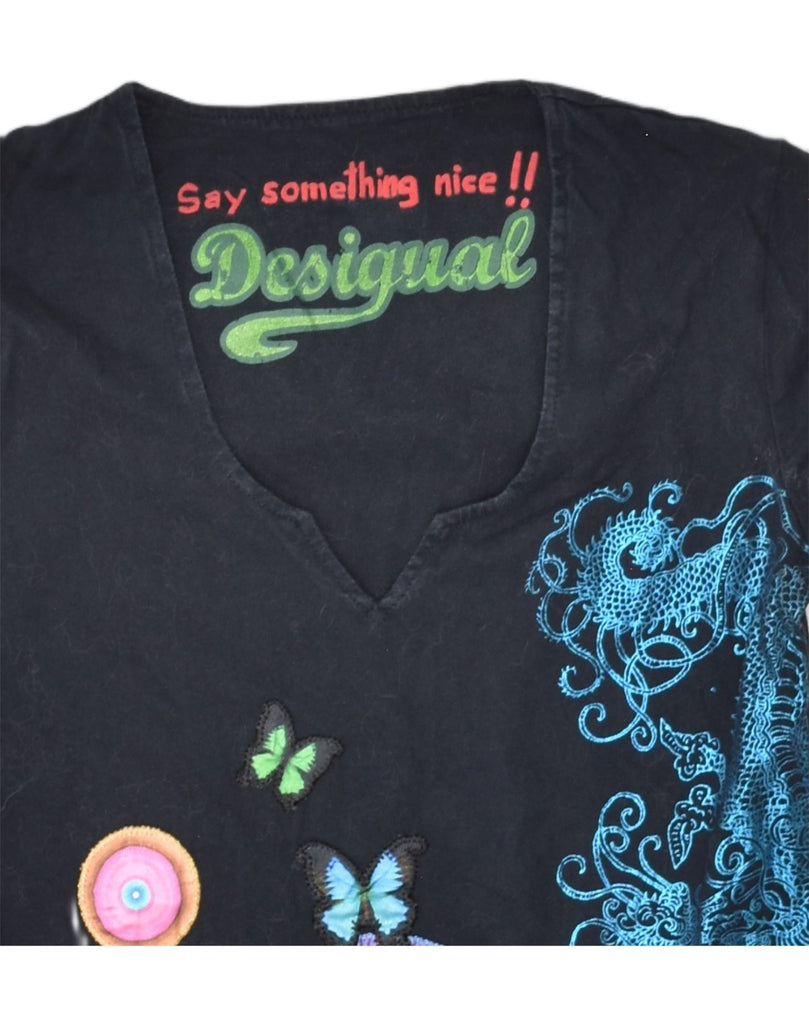 DESIGUAL Womens Asymmetric Tunic Top UK 10 Small Navy Blue Floral Cotton | Vintage Desigual | Thrift | Second-Hand Desigual | Used Clothing | Messina Hembry 