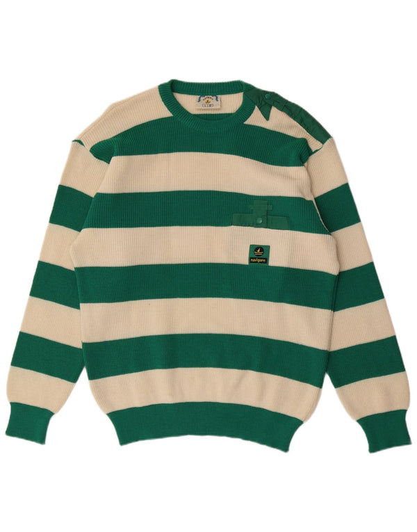 Navigare Mens Crew Neck Jumper Sweater Large Green Striped Wool