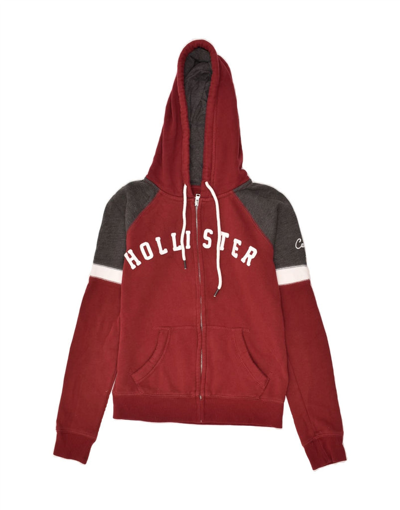 HOLLISTER Womens Graphic Zip Hoodie Sweater UK 10 Small Maroon Colourblock | Vintage Hollister | Thrift | Second-Hand Hollister | Used Clothing | Messina Hembry 