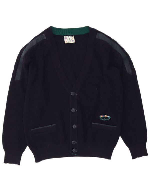 Navigare Mens Cardigan Sweater Medium Navy Blue Colourblock Merino Wool