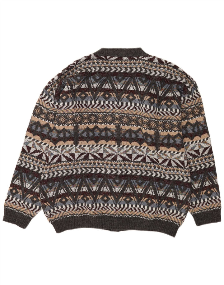 Vintage Mens Cardigan Sweater Medium Grey Geometric Wool