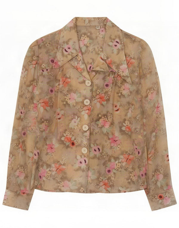 Vintage Womens Long Sleeve Shirt Blouse UK 14 Medium Beige Floral Retro