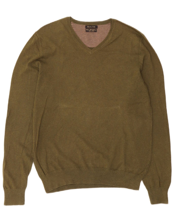 Massimo Dutti Mens V-Neck Jumper Sweater Medium Khaki Cotton