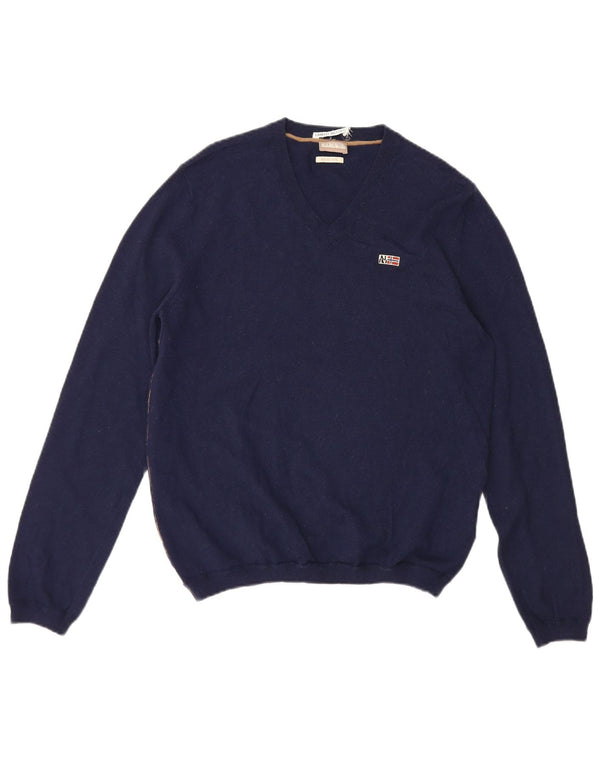 Napapijri Mens Geographic V-Neck Jumper Sweater Medium Navy Blue Wool