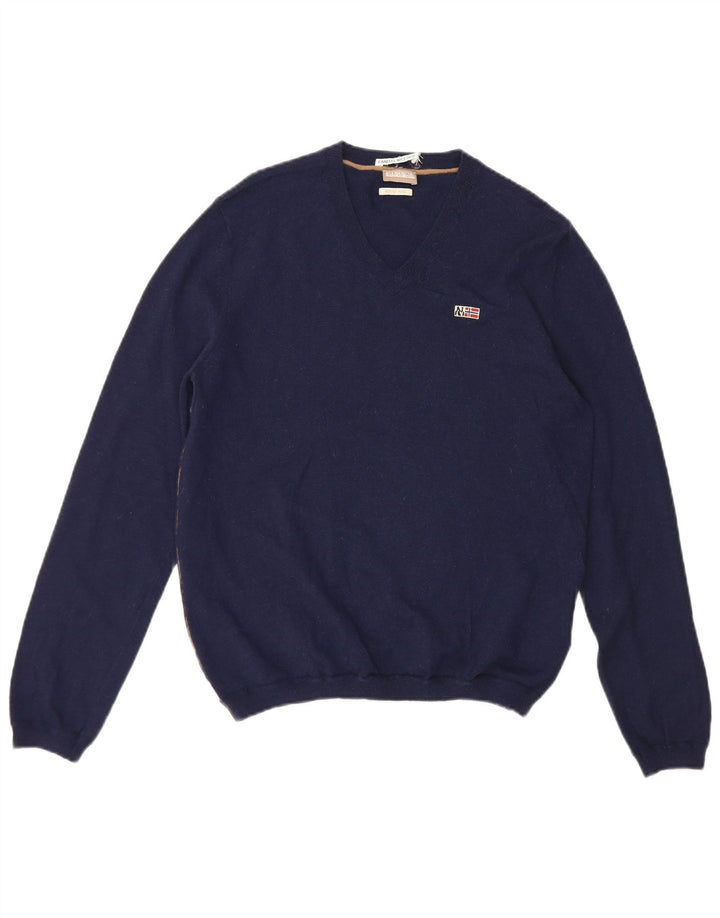 Napapijri Mens Geographic V-Neck Jumper Sweater Medium Navy Blue Wool