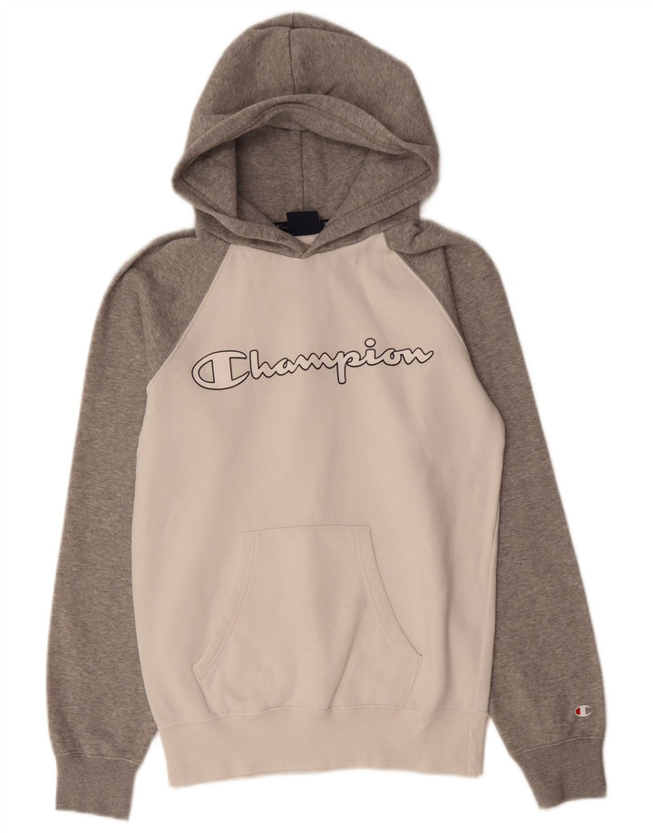 CHAMPION Mens Graphic Hoodie Jumper XS Grey Colourblock Cotton