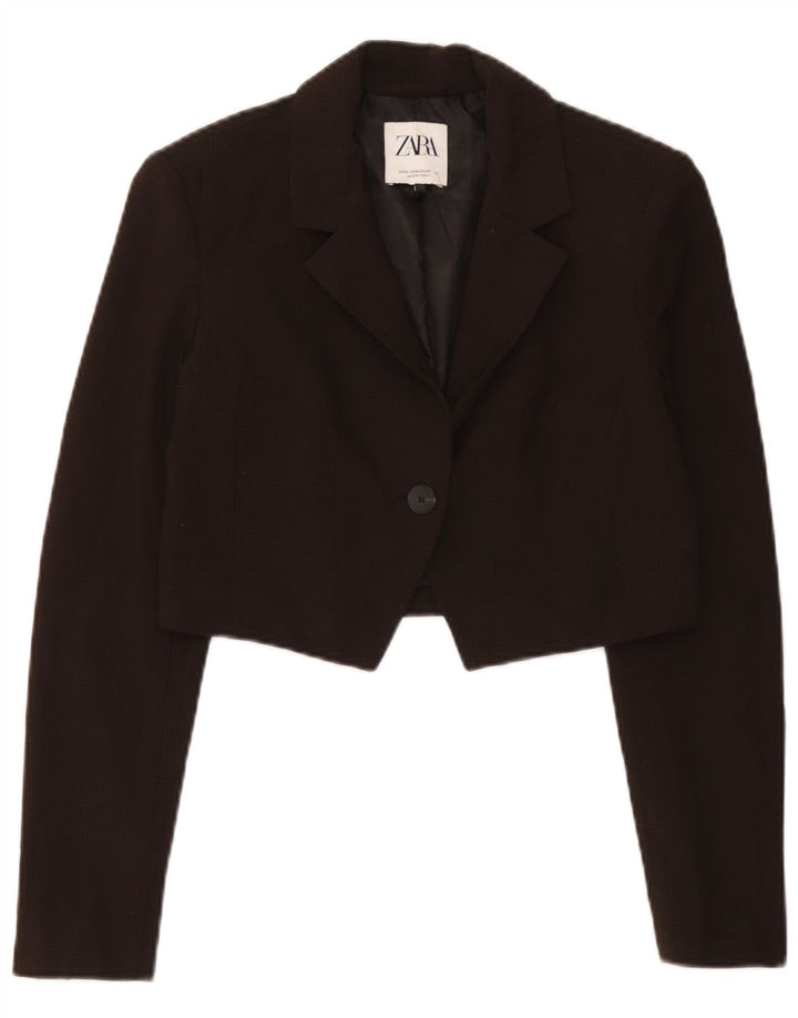Zara Womens Crop 1 Button Blazer Jacket UK 6 XS Brown Houndstooth