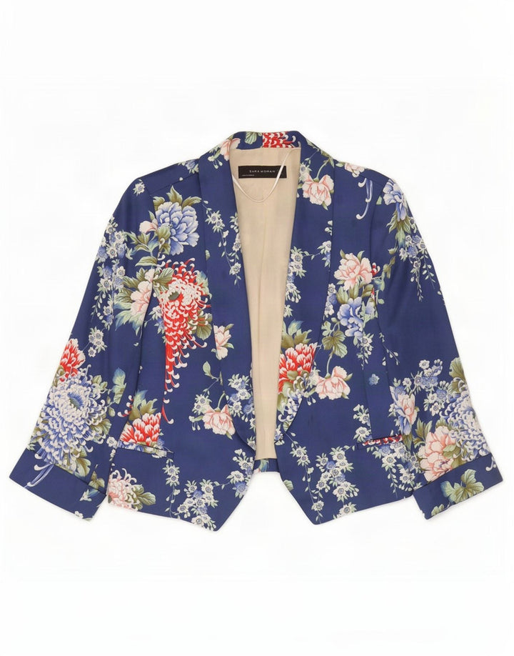 Zara Womens 3/4 Sleeve Open Bolero Jacket UK 10 Small Blue Floral Polyester