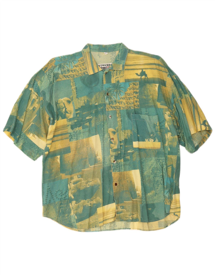 Vintage Mens Graphic Short Sleeve Shirt 2XL Green Patchwork Cotton