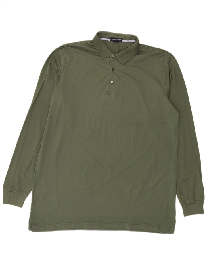 Lands End Mens Long Sleeve Polo Shirt Large Green Cotton