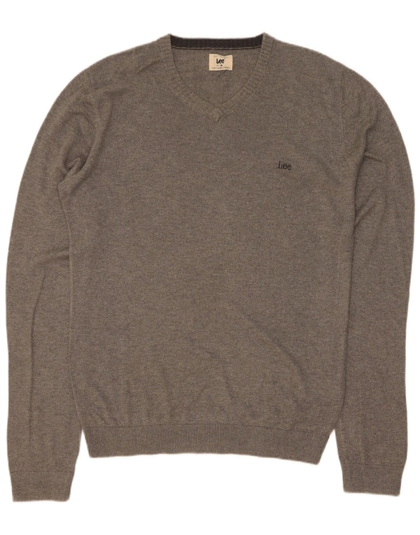 Lee Mens V-Neck Jumper Sweater Medium Grey Flecked Viscose