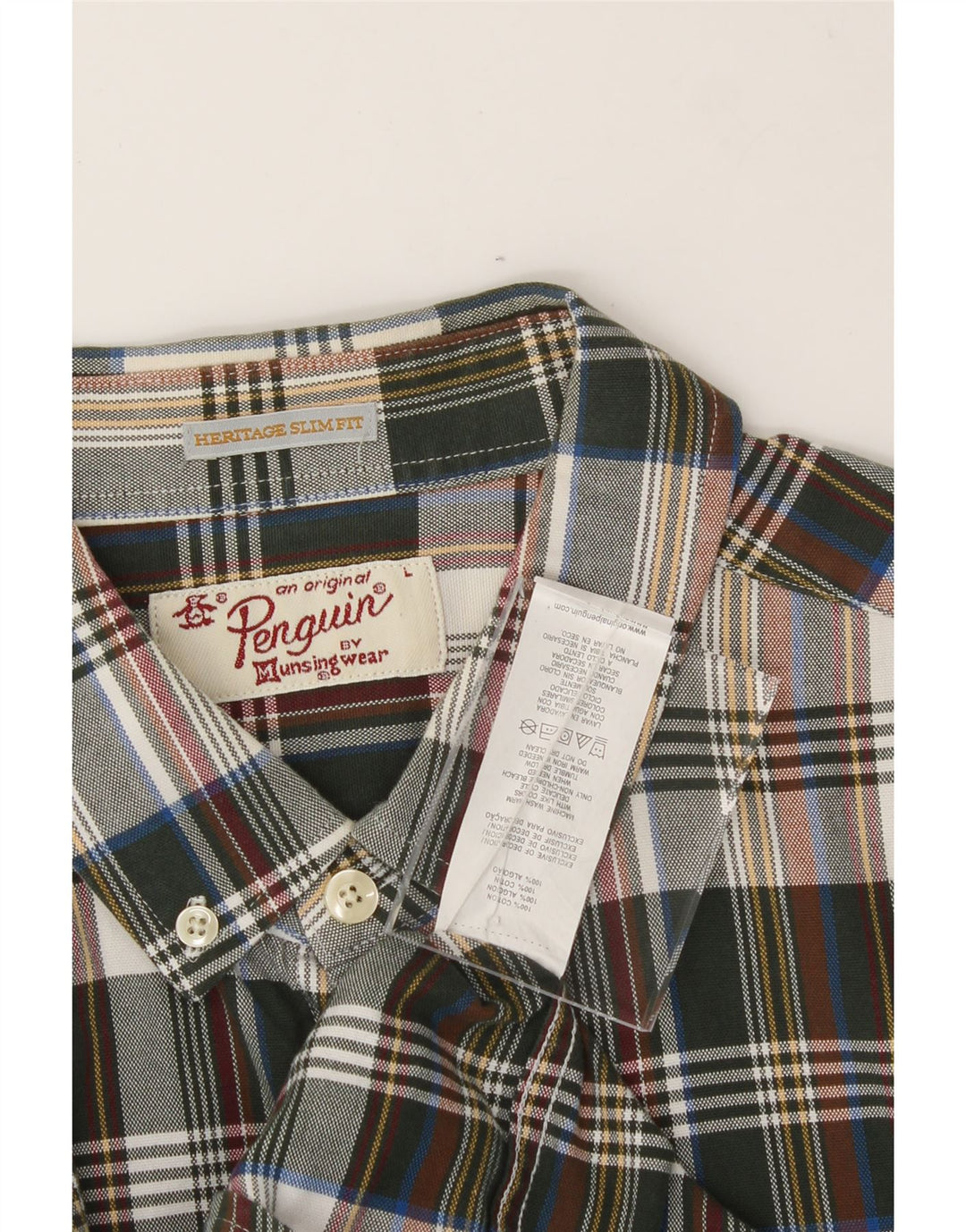 PENGUIN Mens Heritage Slim Fit Shirt Large Green Check Cotton Vintage Penguin and Second-Hand Penguin from Messina Hembry 