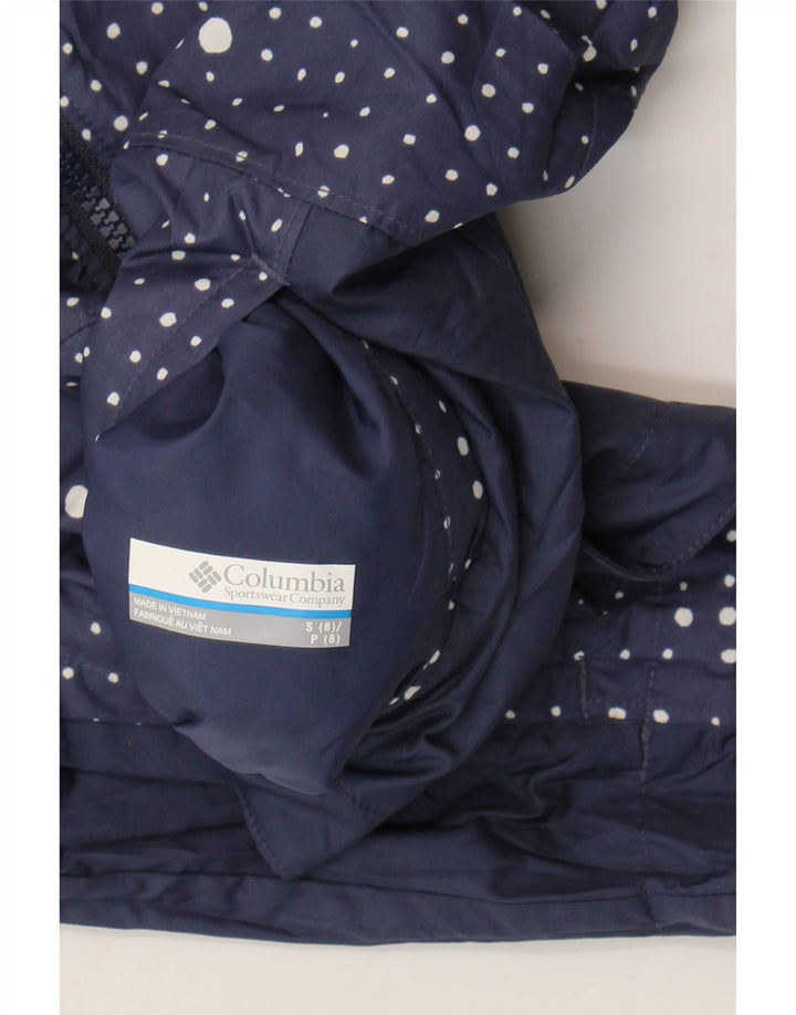 COLUMBIA Girls Hooded Reversible Jacket 7-8 Years Small Navy Blue Vintage Columbia and Second-Hand Columbia from Messina Hembry 