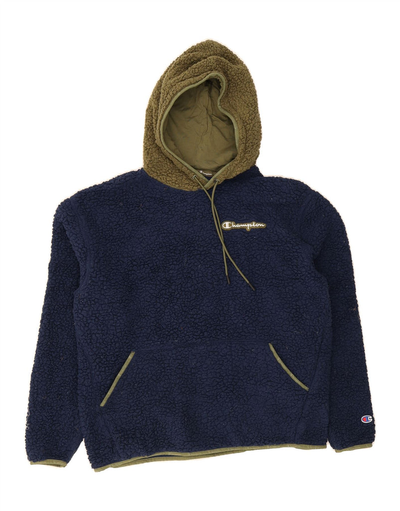CHAMPION Mens Hooded Fleece Jumper XL Navy Blue Colourblock Polyester Vintage Champion and Second-Hand Champion from Messina Hembry 