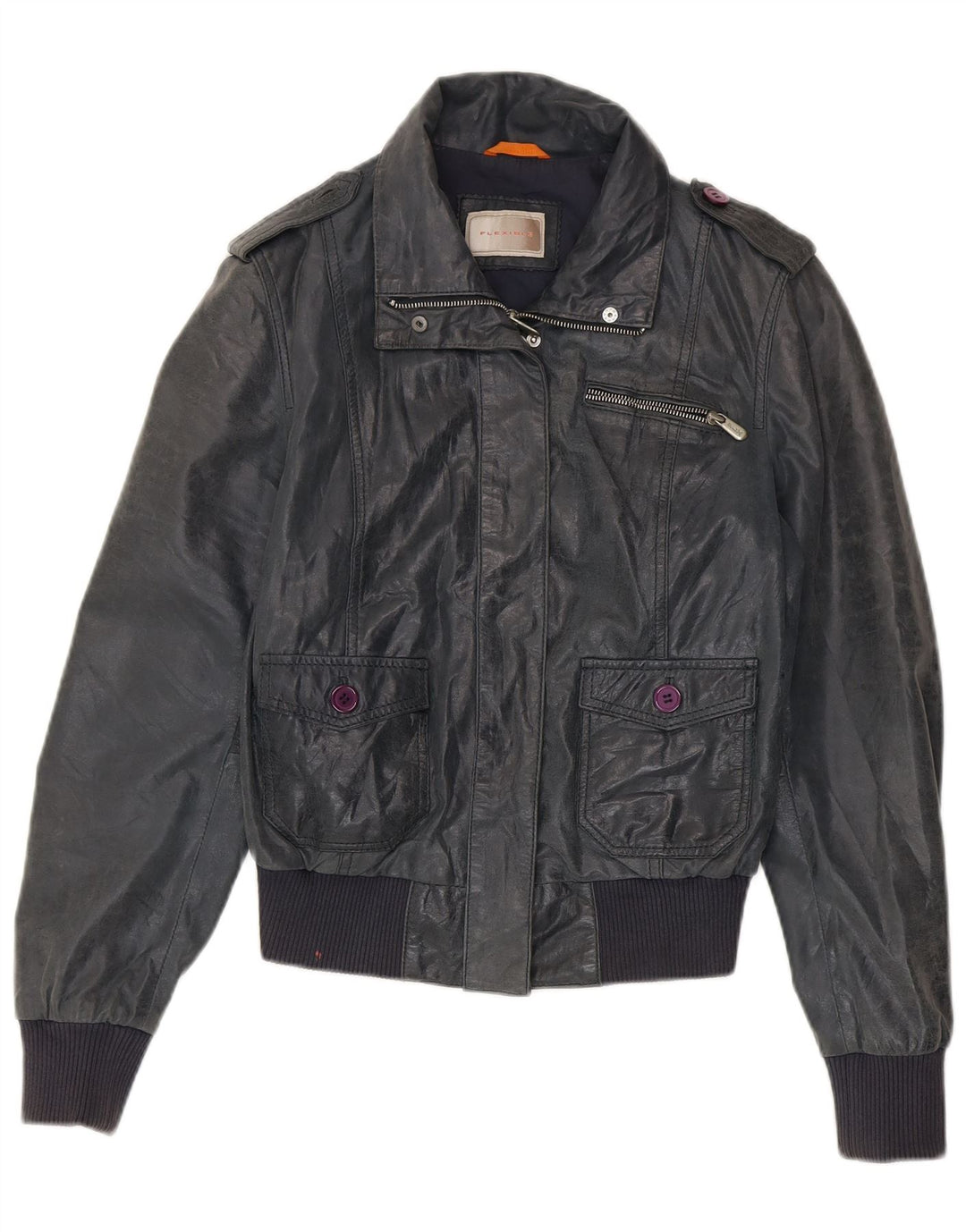 Vintage Womens Bomber Leather Jacket IT 46 Large Navy Blue Leather