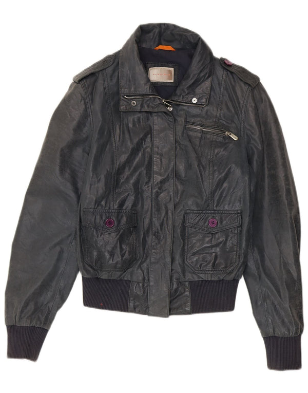 Vintage Womens Bomber Leather Jacket IT 46 Large Navy Blue Leather
